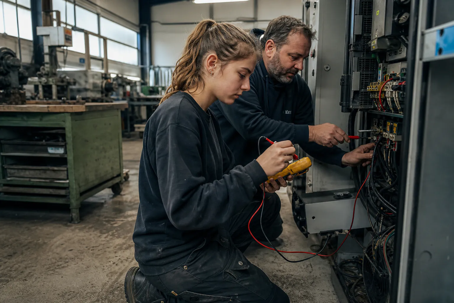 Eine Elektronik-Auszubildende prüft mit einem erfahrenen Kollegen eine offene Maschinensteuerung.