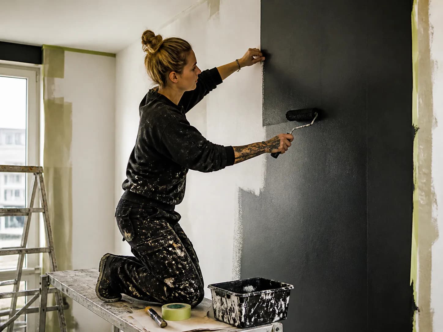 Eine Malerin trägt dunkle Farbe auf eine vorbereitete Innenwand auf.