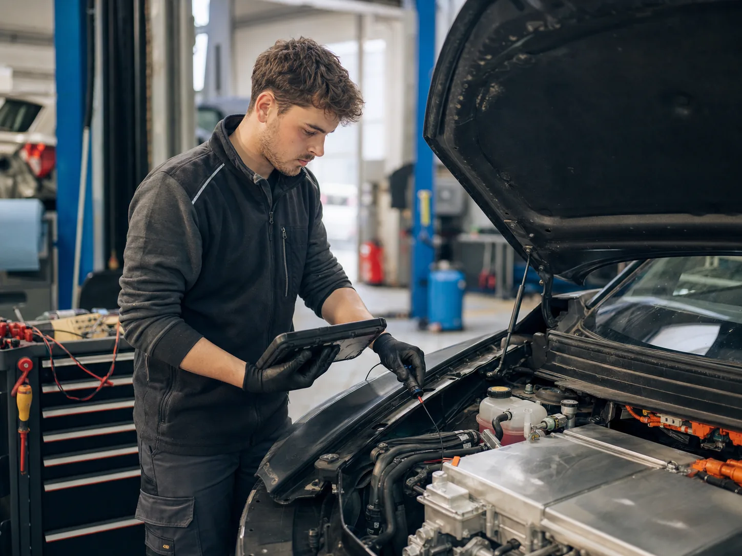 Ein Kfz-Mechatroniker prüft mit einem Diagnosegerät die Technik eines Elektrofahrzeugs.
