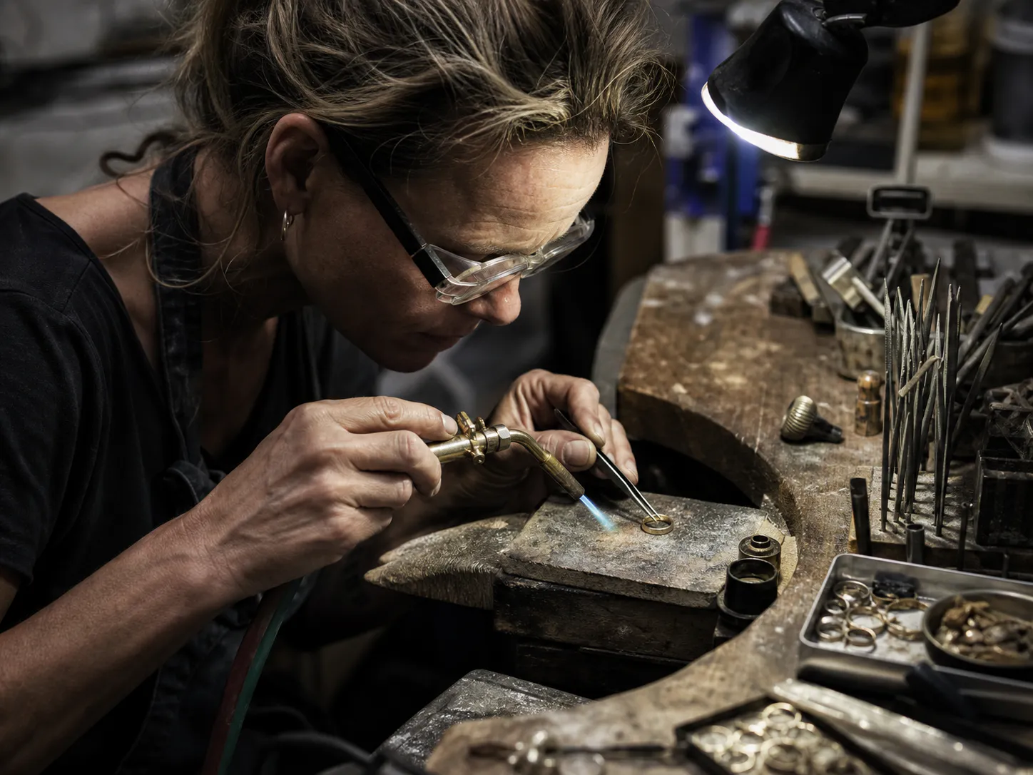 Eine Goldschmiedin lötet einen kleinen Ring an einer sichtbar benutzten Werkbank.